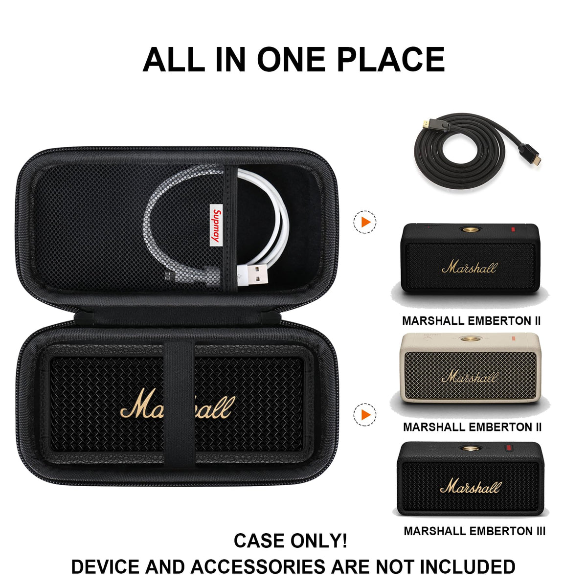 Supmay case interior showing elastic strap securing Marshall Emberton speaker safely