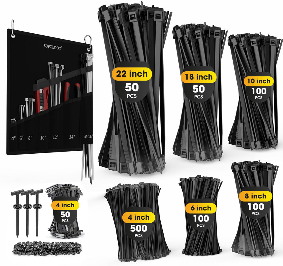 SUPOLOGY front packaging showing full 950-piece zip tie kit and organizer benefit