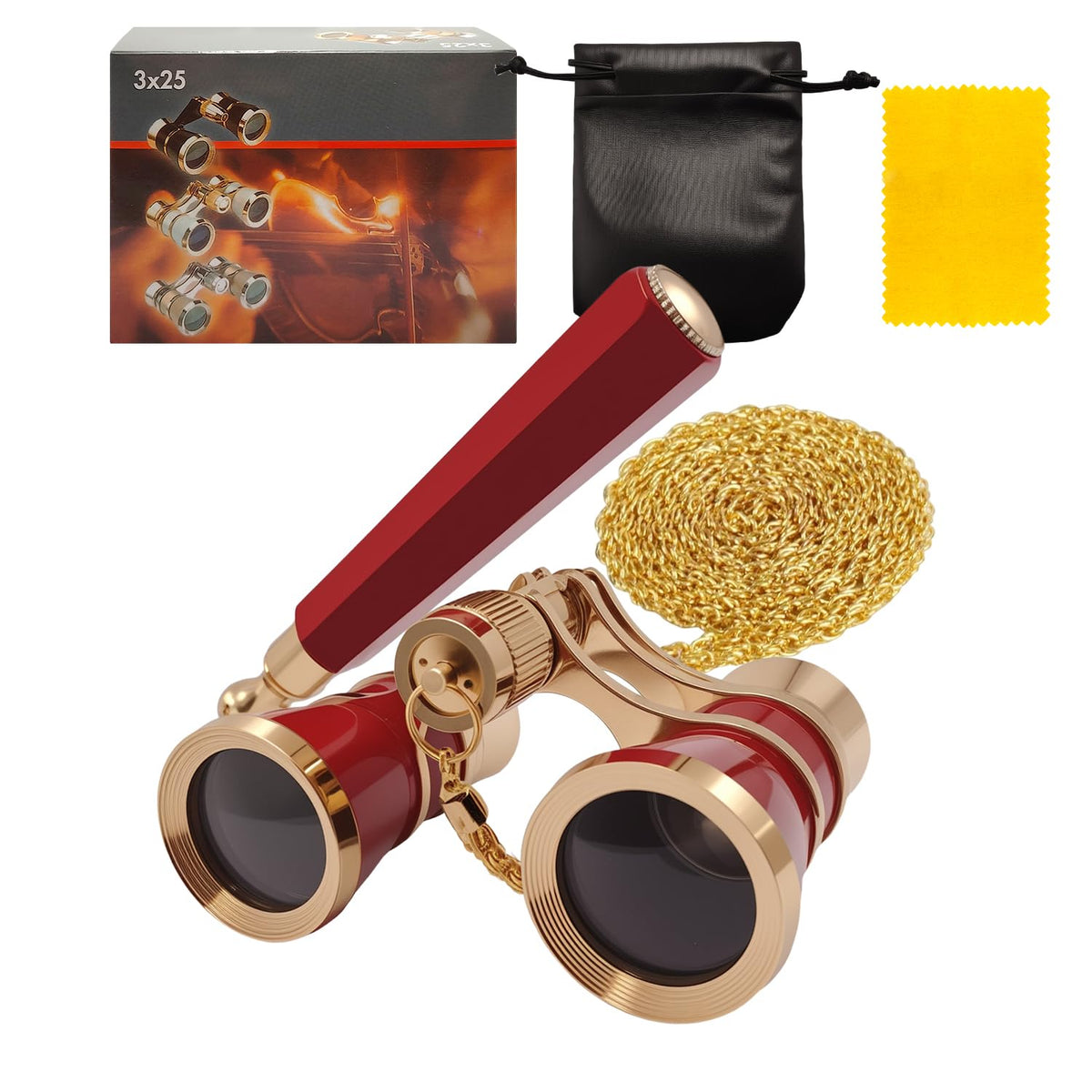 SUPRBIRD red opera glasses front view showing elegant shape and compact benefit