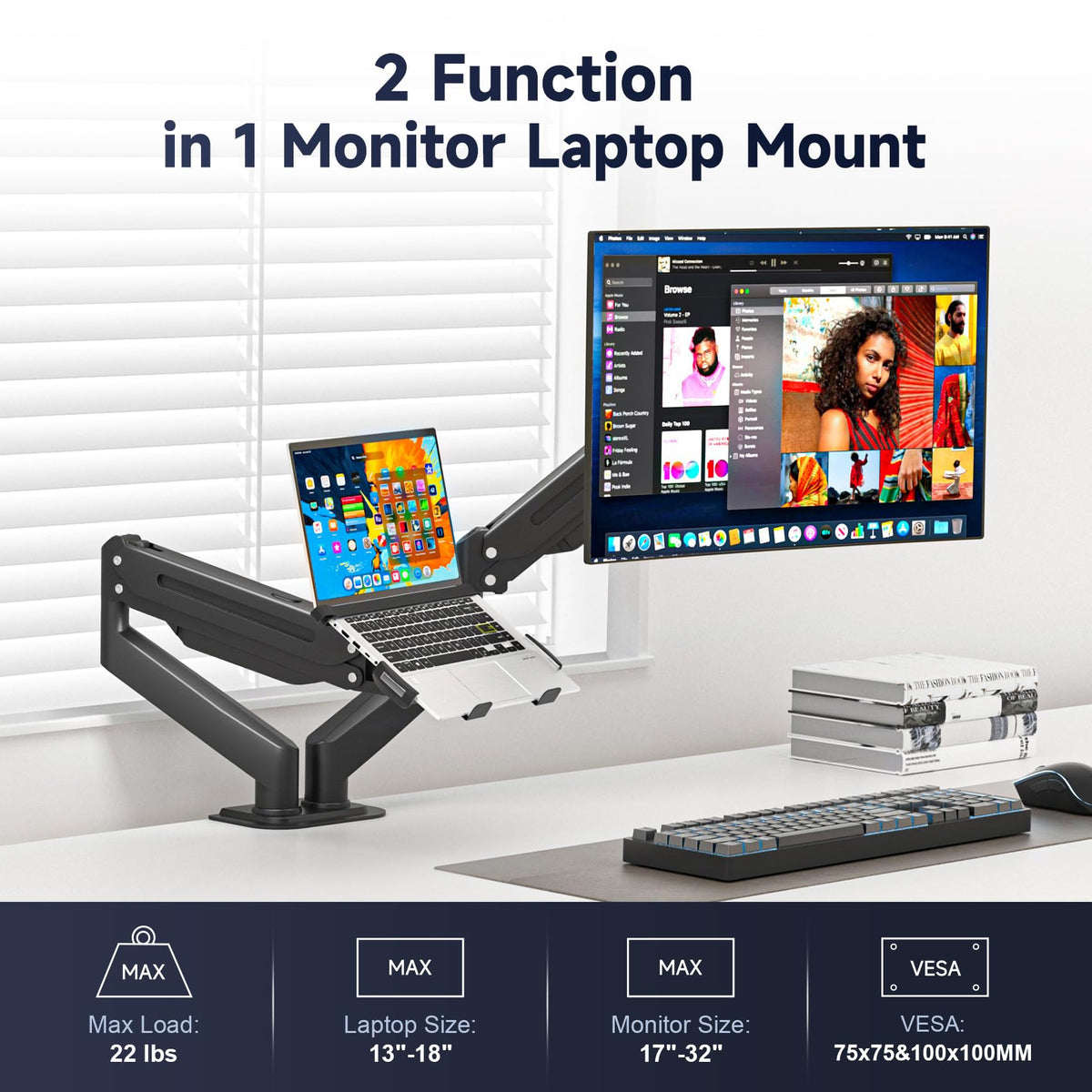 Suptek 2-in-1 desk mount supports notebook and monitor up to 22lbs.