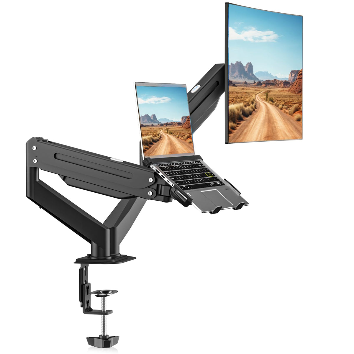 Suptek dual monitor arm with laptop tray on C-clamp base for compact desks.
