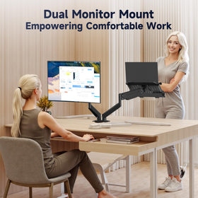 Suptek height-adjustable arms support sitting or standing desk setups.
