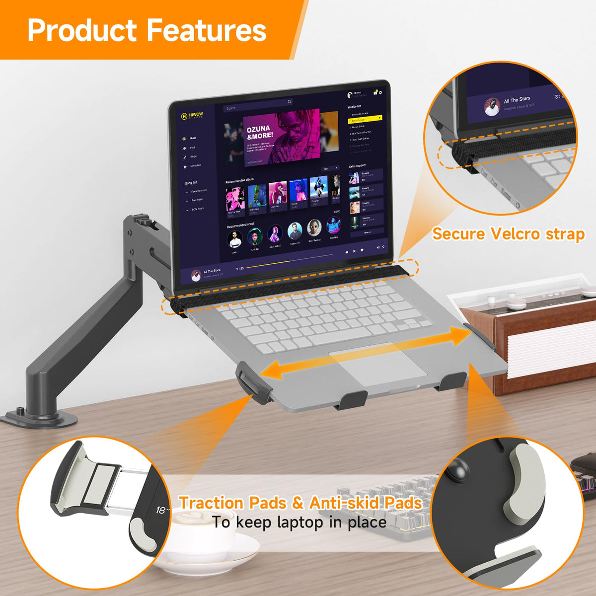 Suptek laptop tray attaches to VESA mounts for versatile monitor arm configurations.
