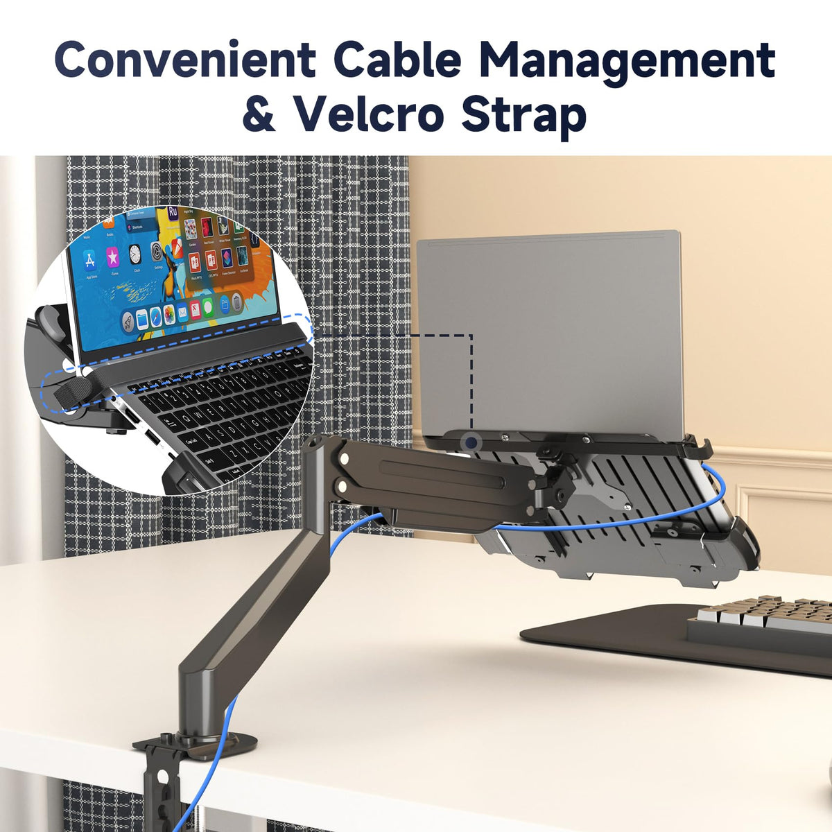 Suptek laptop tray fits 75x75 and 100x100 VESA patterns for compatibility.
