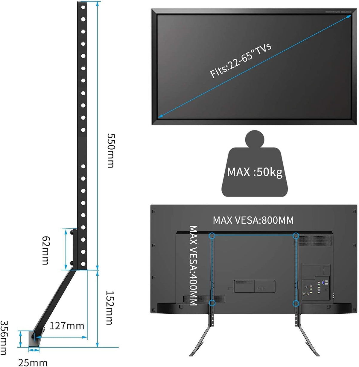 suptek legs mounted on TV back illustrating VESA compatibility and strength