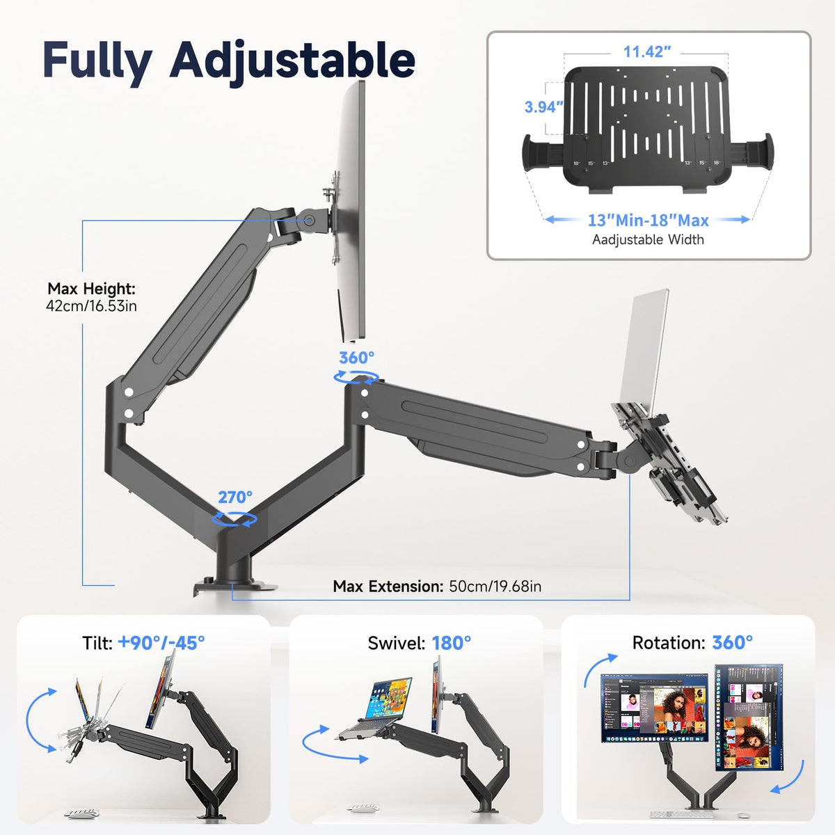 Suptek monitor arm enables 360-degree rotation for flexible viewing.