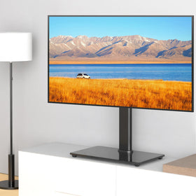 Suptek table-top TV stand angle view highlighting ±50° swivel range.