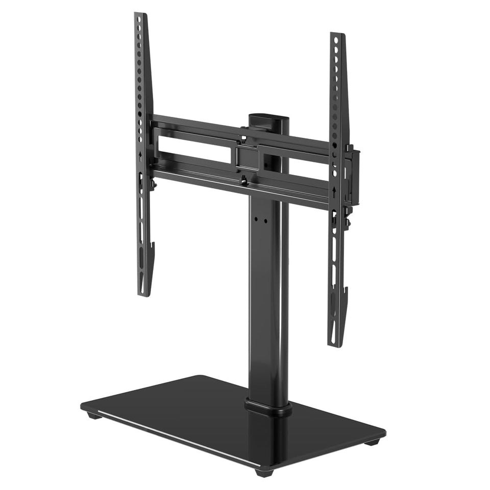 Suptek universal swivel table-top TV stand with glass base, shown front view for stability.