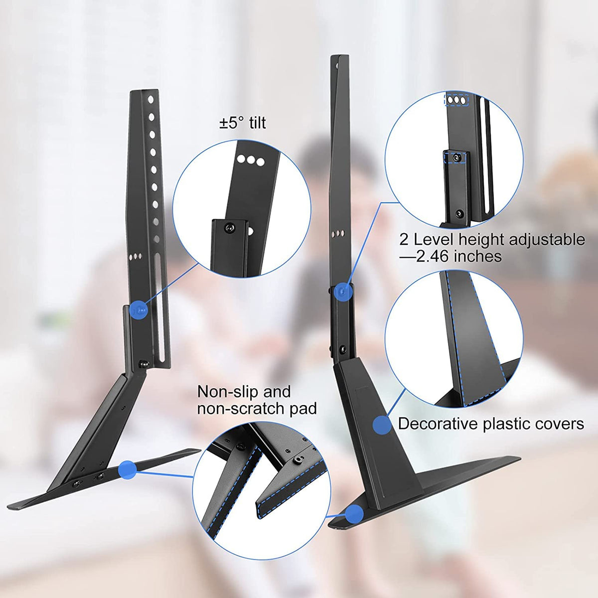 Suptek universal TV stand legs tilt angles illustrating 5-degree adjustment