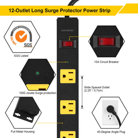 SURAIELEC 15-foot cord power strip shown across a workshop