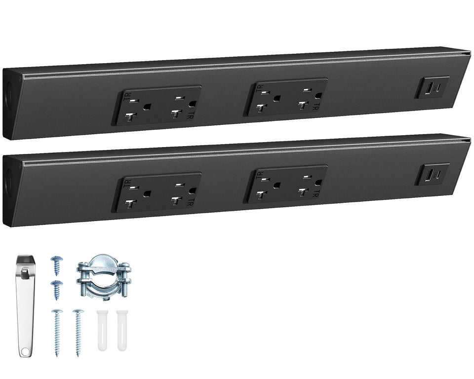 SURAIELEC angled trapezoid under-cabinet strip keeps outlets accessible and tidy.