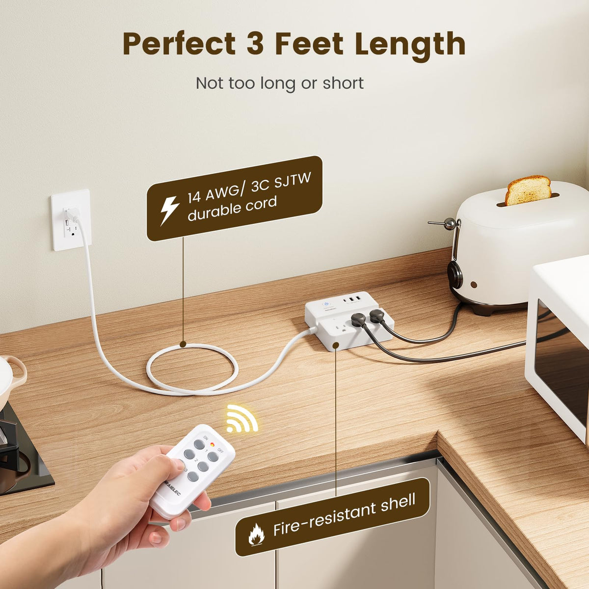 SURAIELEC indoor-use setup powering lamp and fan with wireless control.