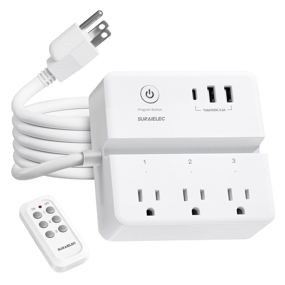 SURAIELEC remote-control extension cord with three independent outlets for easy remote power control.