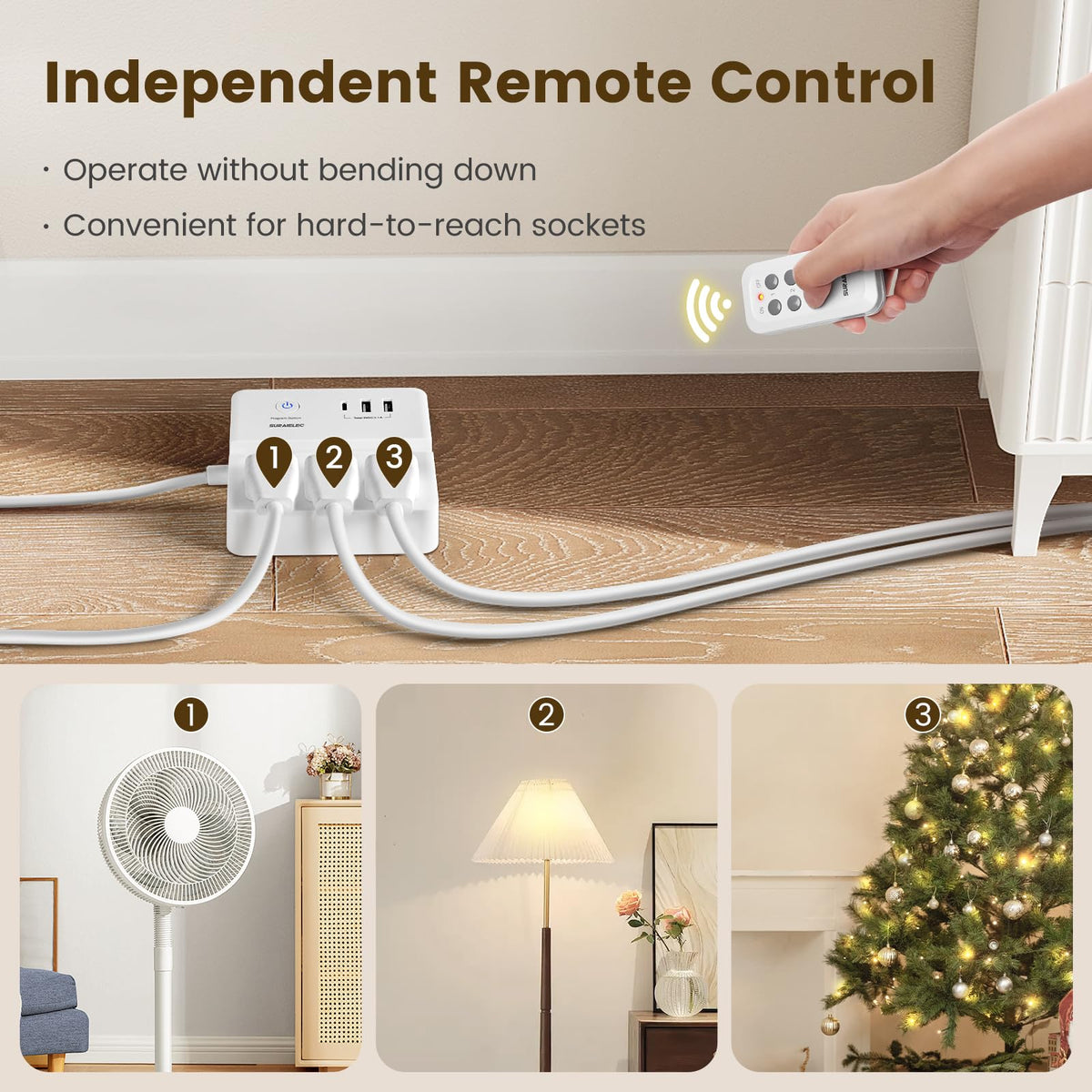 SURAIELEC remote-control extension cord demonstrates long-range indoor wireless control.