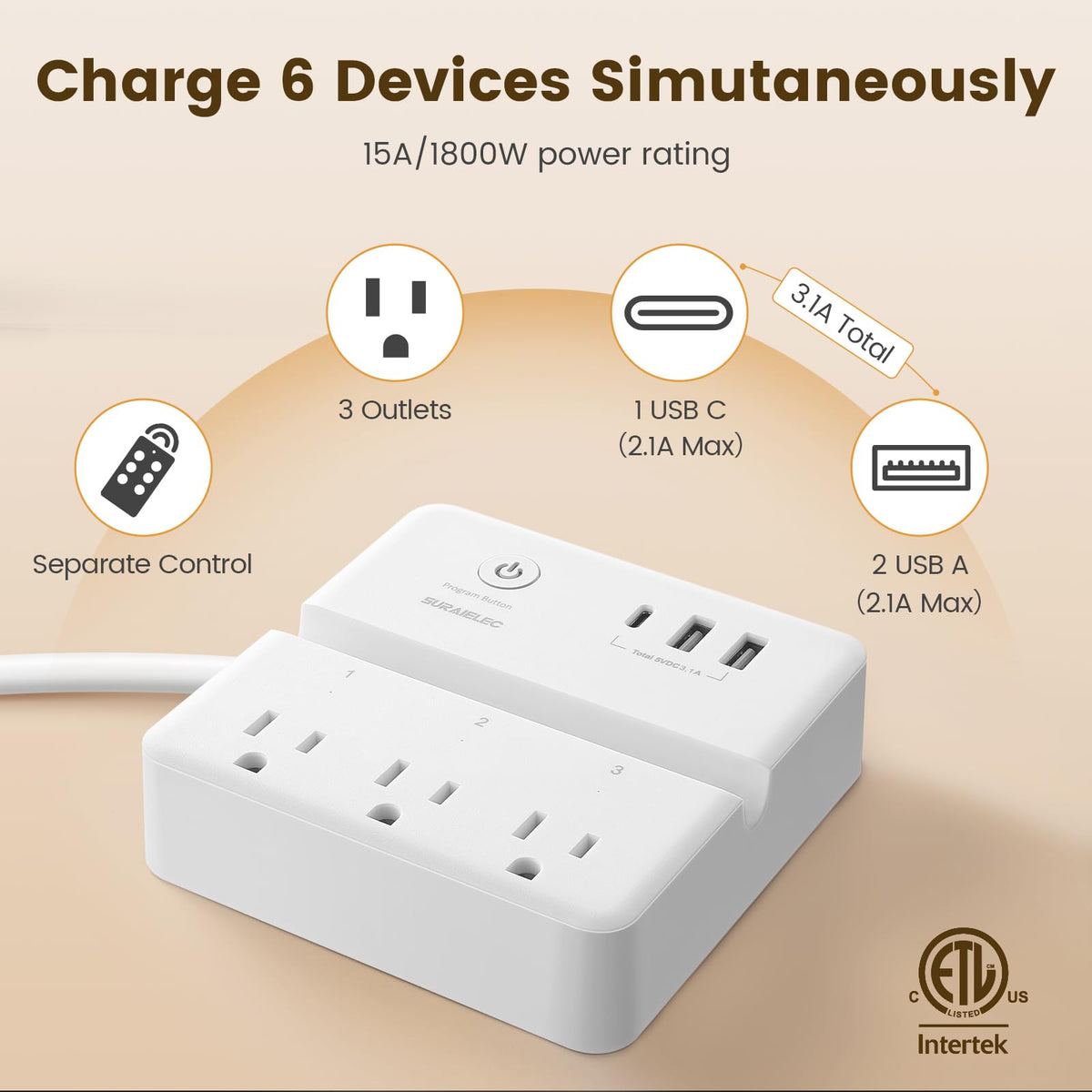 SURAIELEC extension cord showing USB-C and USB-A ports for convenient device charging.