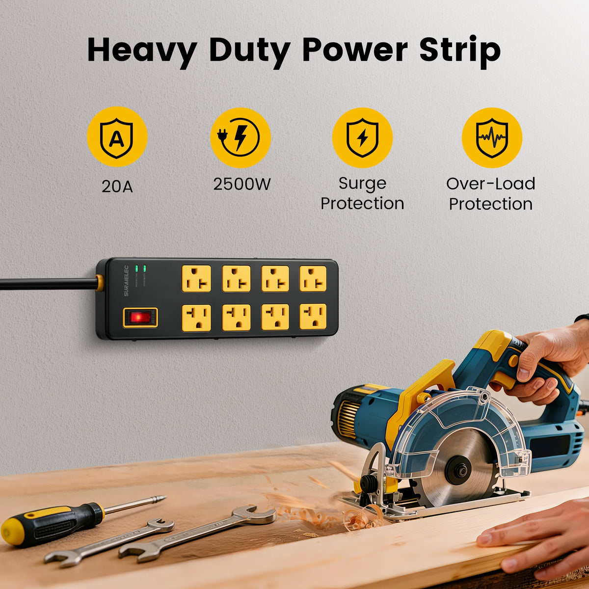 SURAIELEC 20A power strip with six-foot cord for high-demand tool setups.