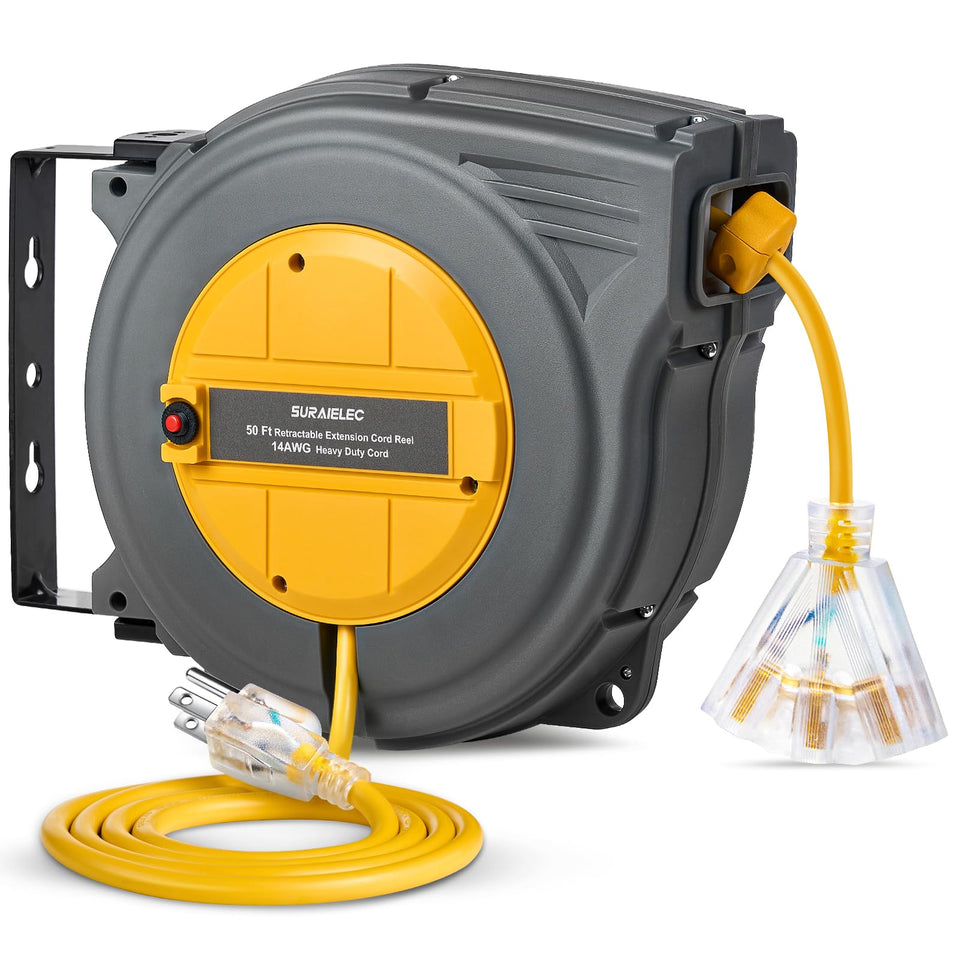 SURAIELEC 50 ft retractable cord reel for a spacious workshop.