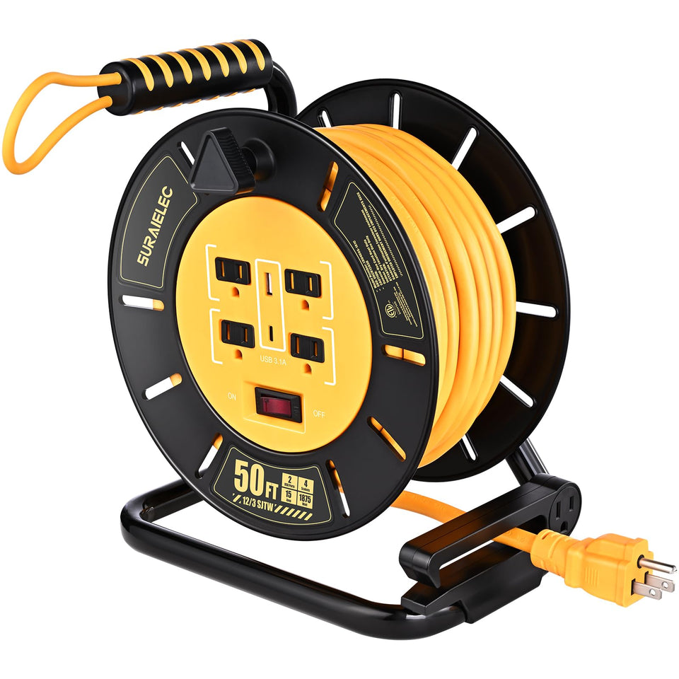 SURAIELEC 50ft retractable extension cord reel with outlets and crank for tangle-free power.