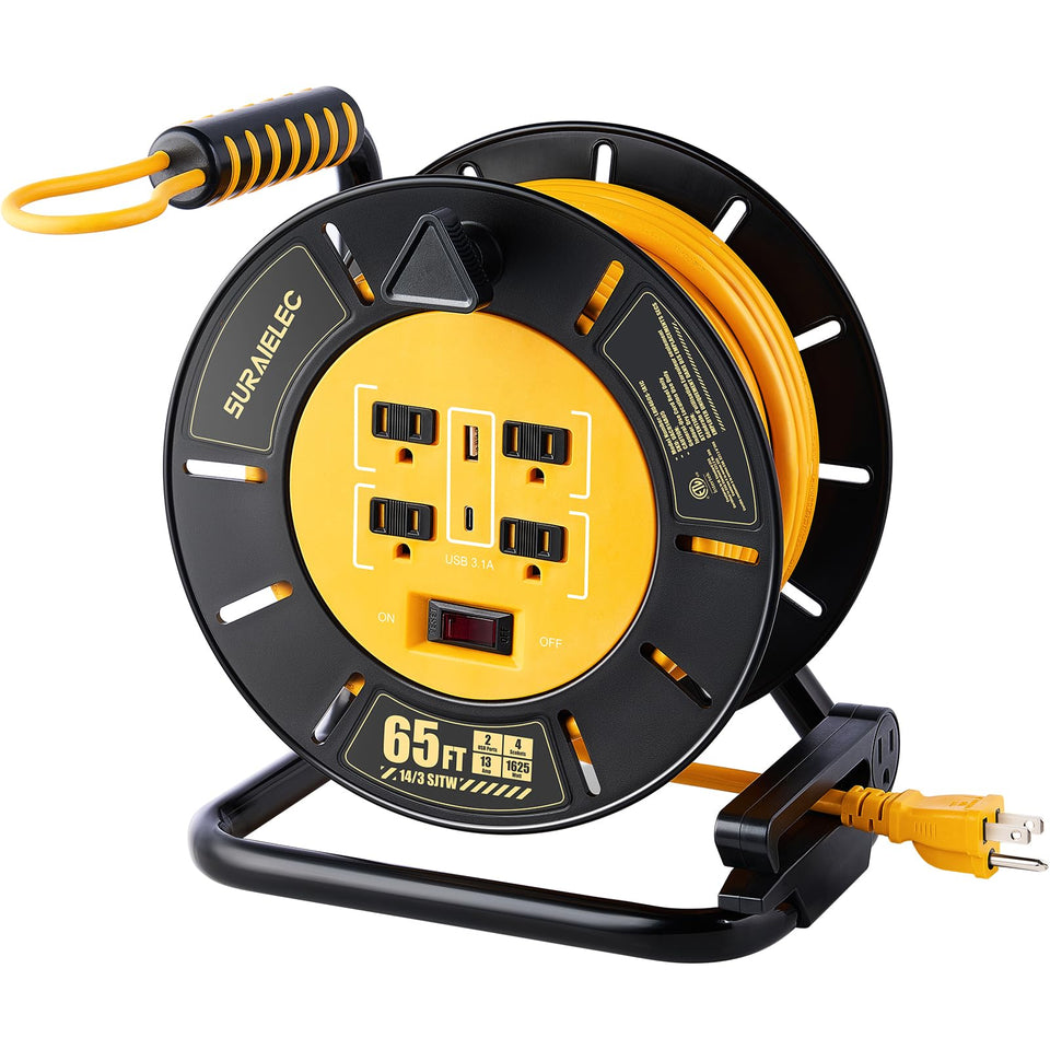 SURAIELEC 65 ft extension reel with four outlets for versatile power on the go.