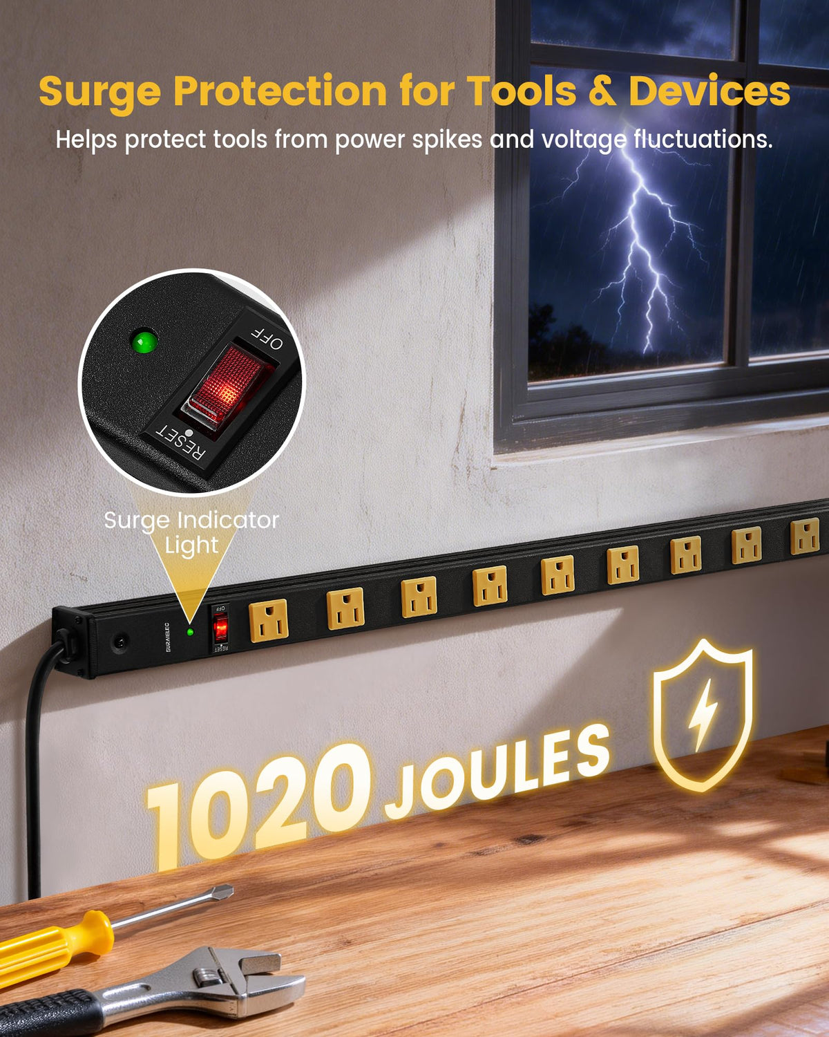 SURAIELEC close-up of wide outlet spacing allowing bulky adapters and preventing crowding and overlap