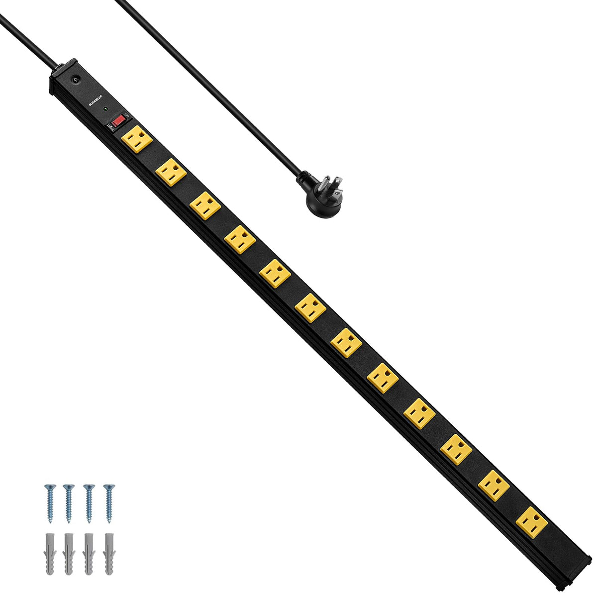 SURAIELEC front view of metal power strip showing all 12 outlets and sturdy housing for organized power