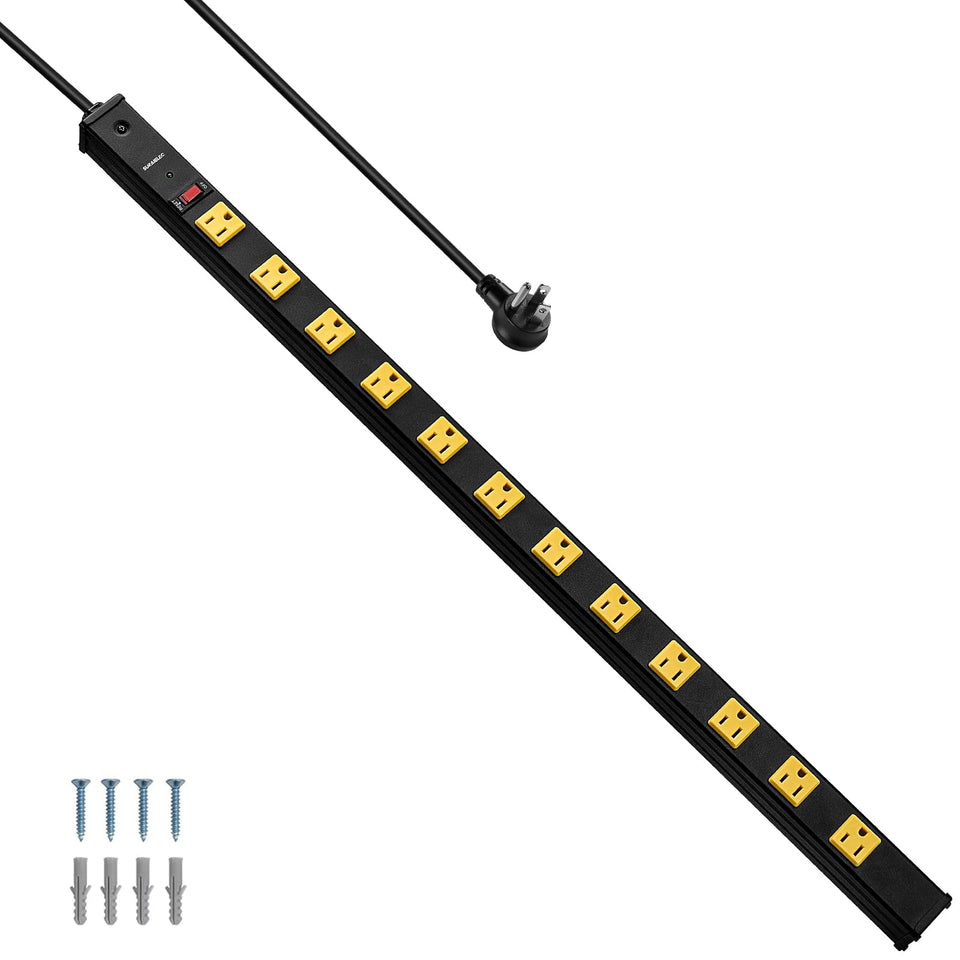 SURAIELEC front view of metal power strip showing all 12 outlets and sturdy housing for organized power