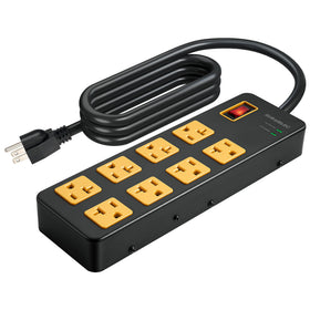 SURAIELEC heavy-duty power strip with eight outlets for organized workshop power access.