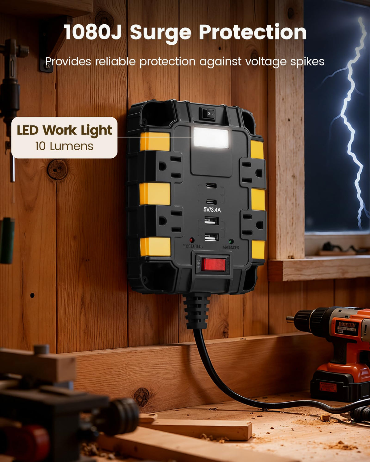 SURAIELEC power strip 1080J surge protection guards equipment.
