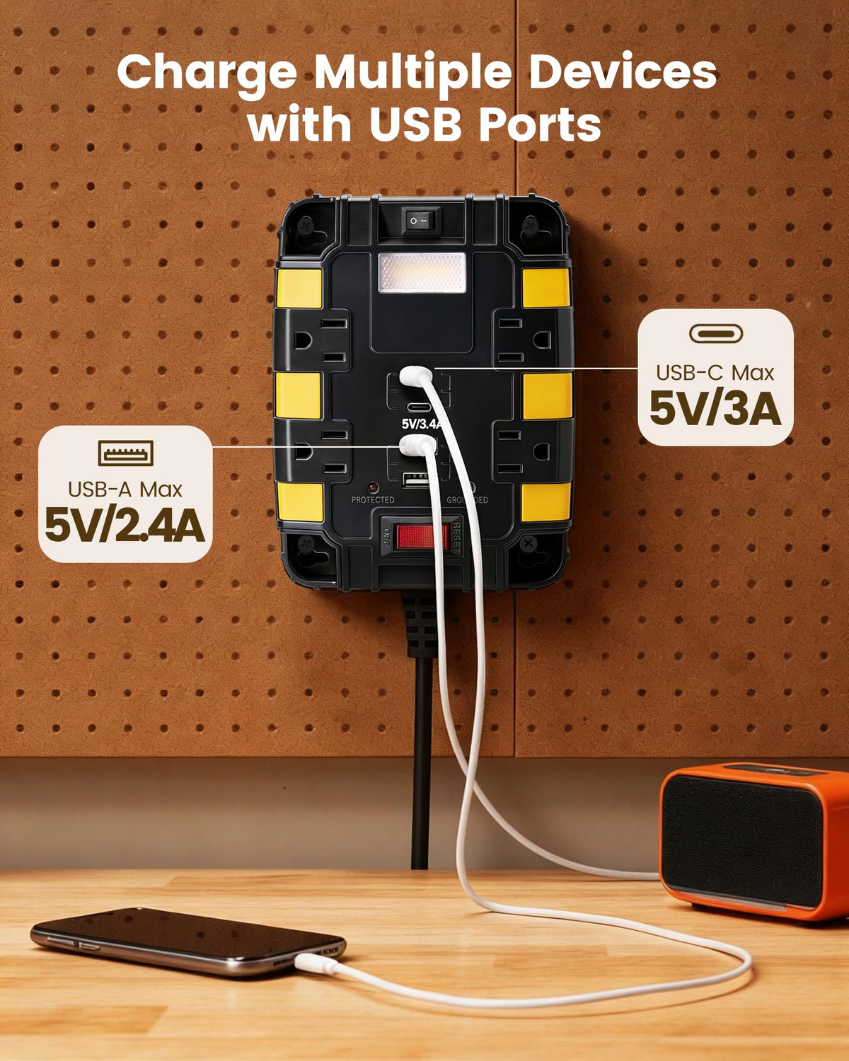 SURAIELEC power strip 6ft cord offers flexible reach.