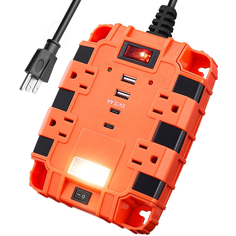 SURAIELEC magnetic power strip with 6ft cord keeps tools organized on metal surfaces.