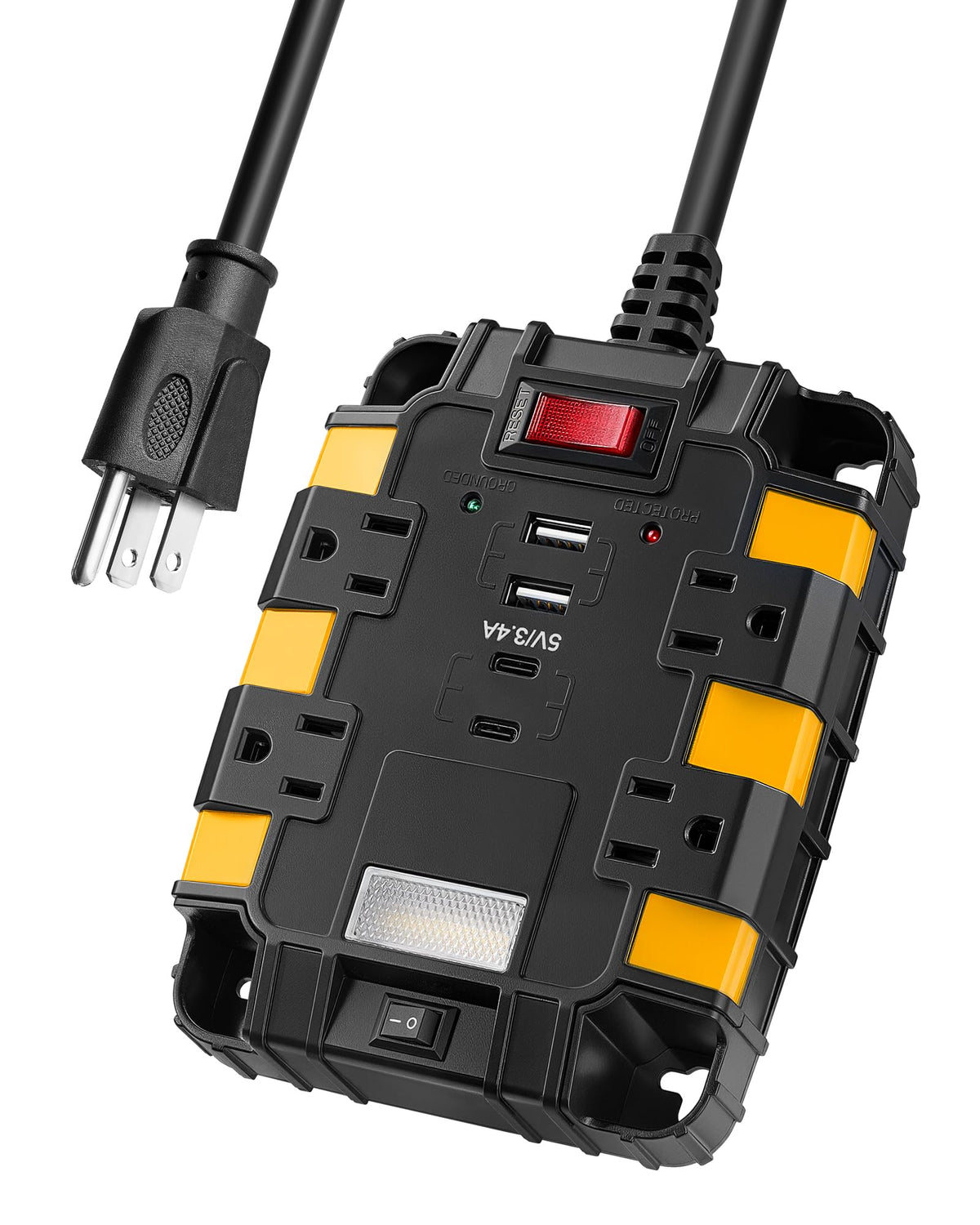 SURAIELEC magnetic power strip front view for a rugged workshop setup.