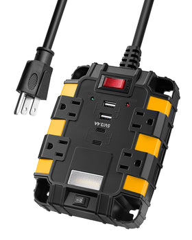 SURAIELEC magnetic power strip front view for a rugged workshop setup.