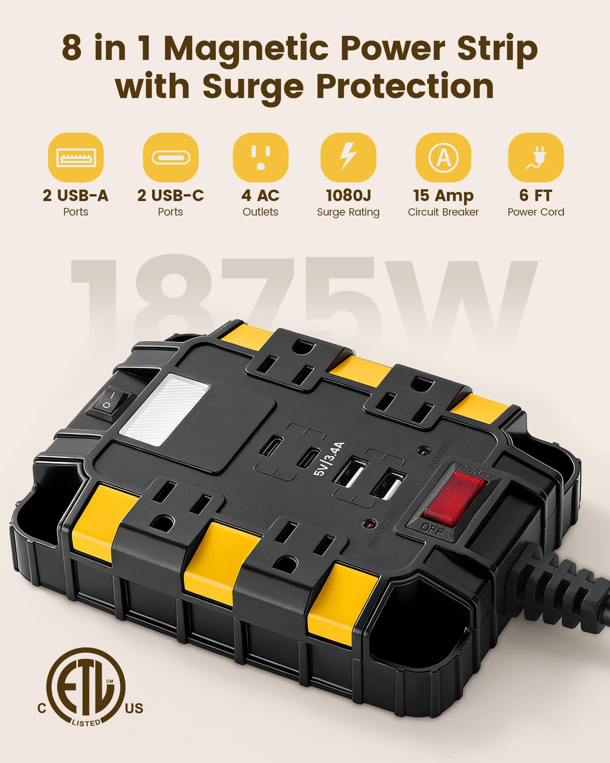 SURAIELEC power strip USB ports enabling simultaneous device charging.