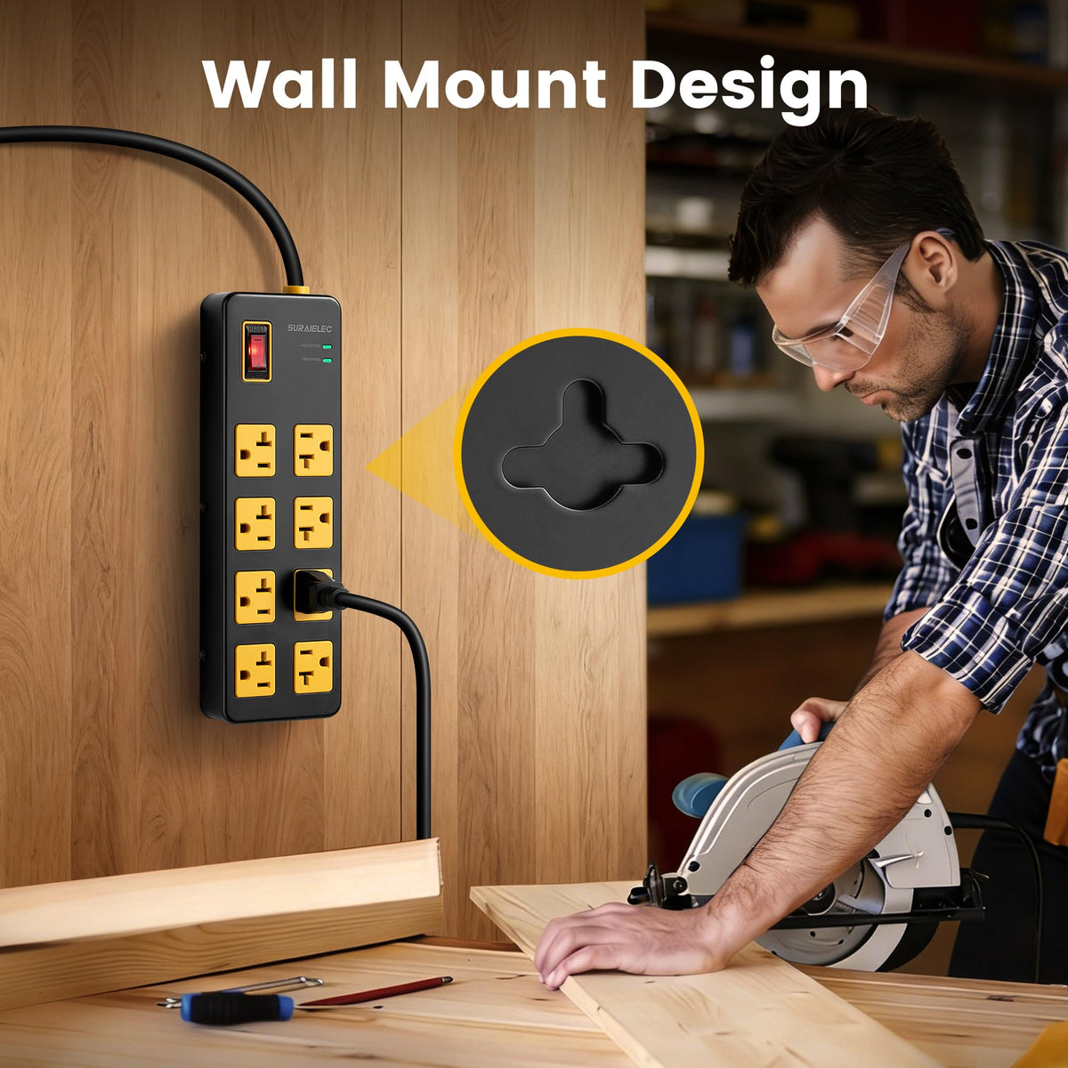 SURAIELEC wall-mount holes enabling quick, tidy installation in workshop or kitchen.