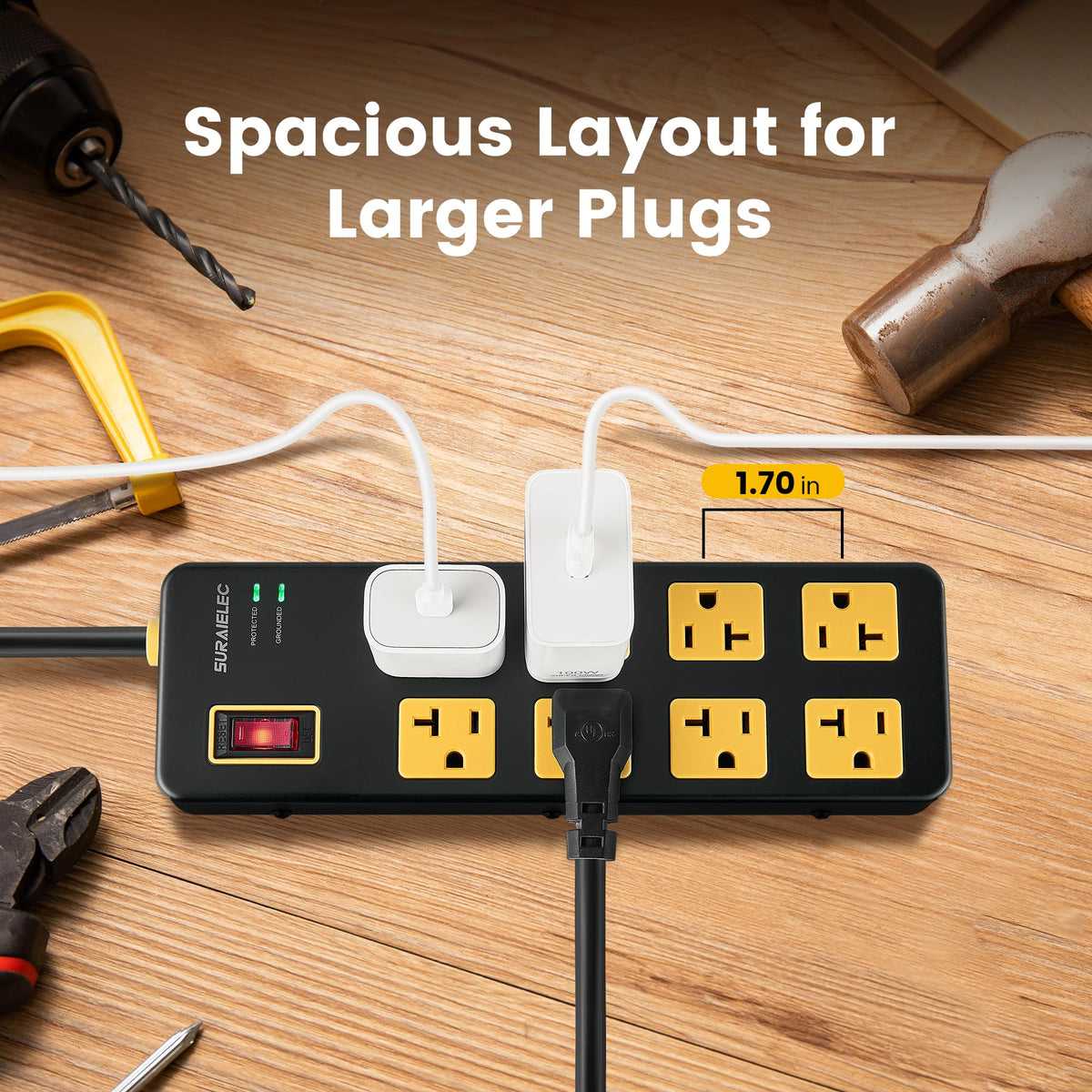 SURAIELEC wide-spaced outlets to fit bulky adapters without blocking sockets.