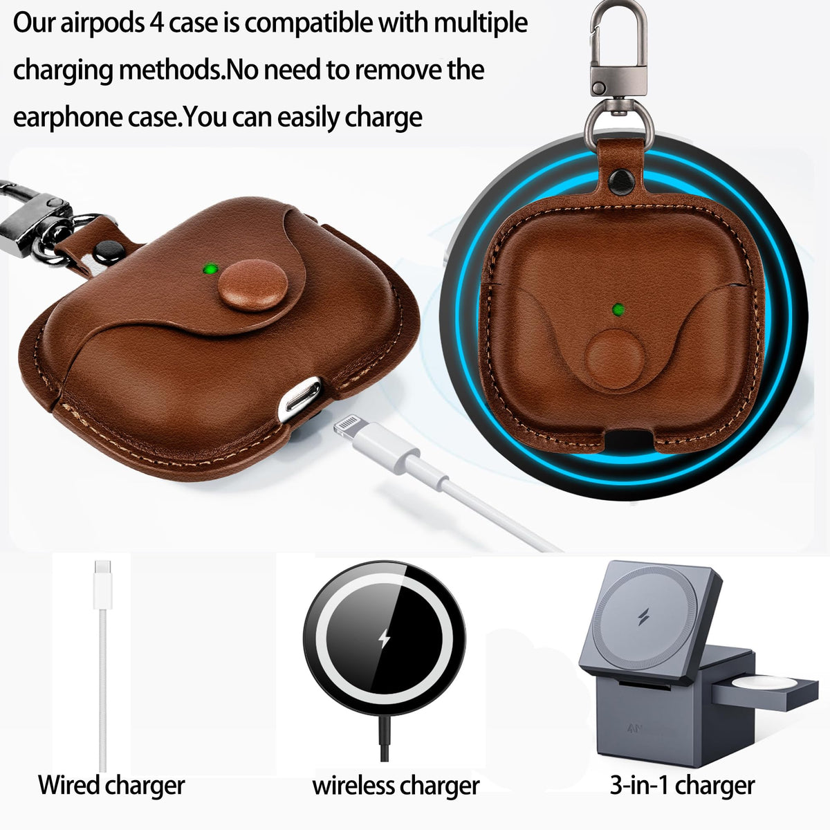 SURANBULI leather AirPods 4 case showing wireless charging access and bottom port