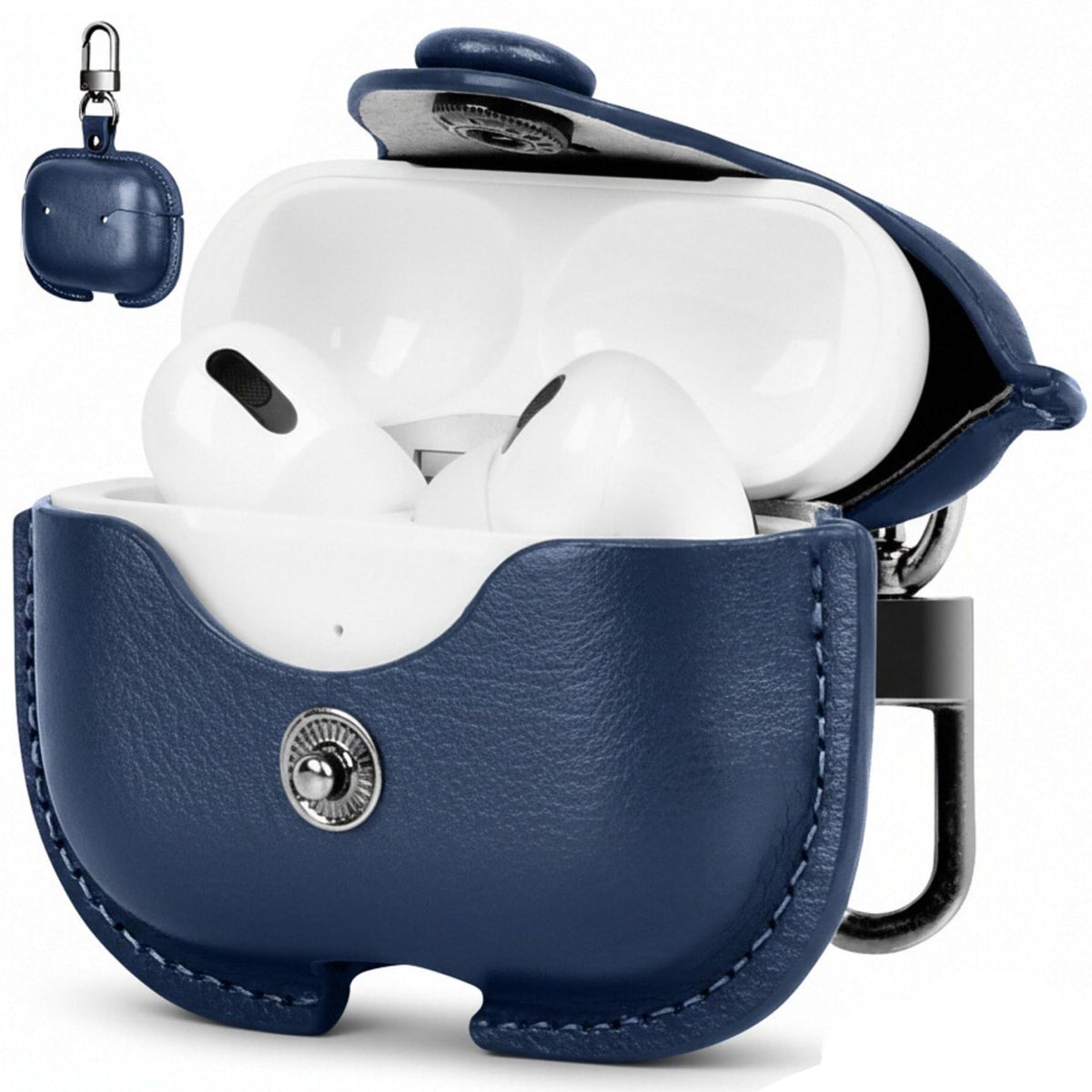 SURANBULI leather AirPods Pro 2/1 case in dark blue shows premium look and protection.