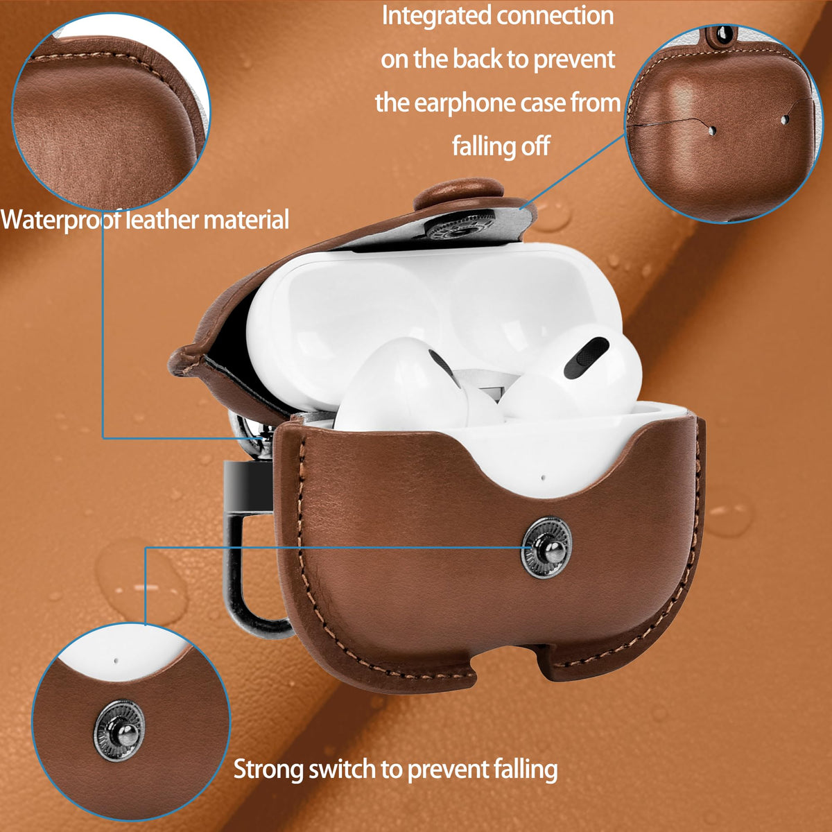 SURANBULI leather AirPods 4 case in light brown, back view with sleek profile