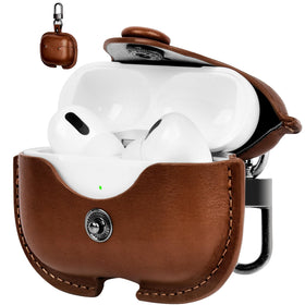 SURANBULI leather AirPods 4 case in light brown, front view showing compact protection