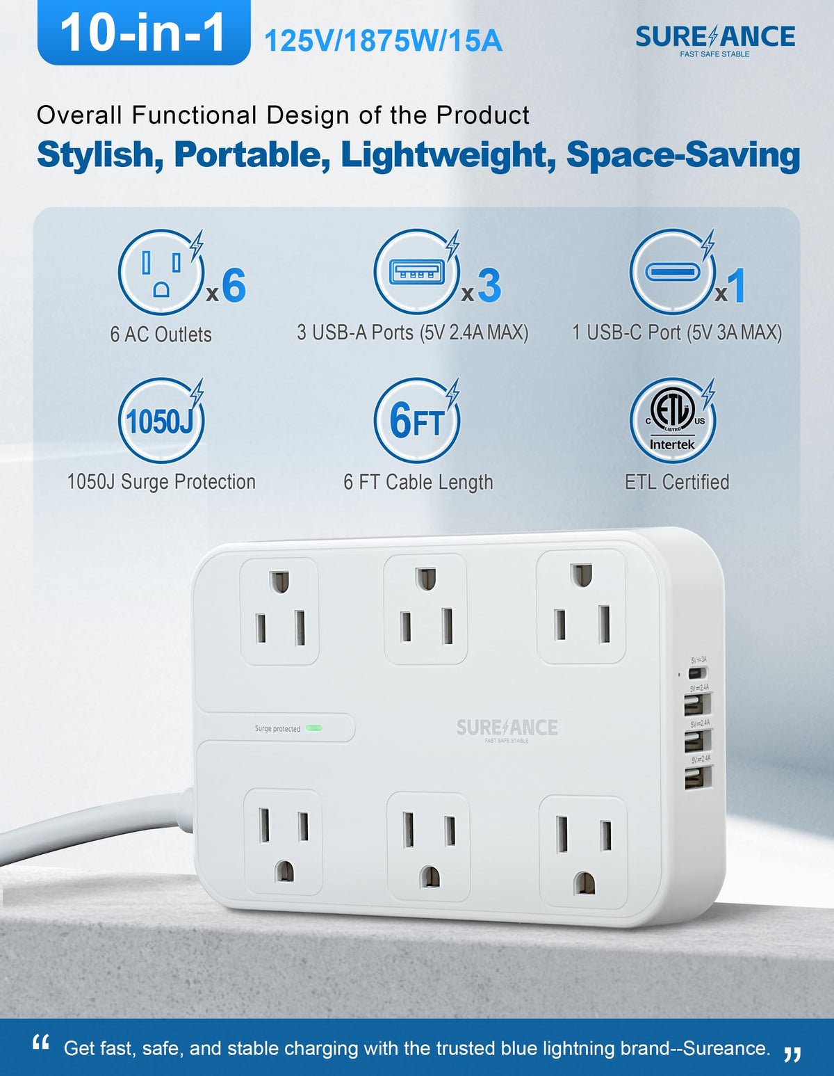 SUREANCE flat plug angled cord for low-profile placement behind furniture