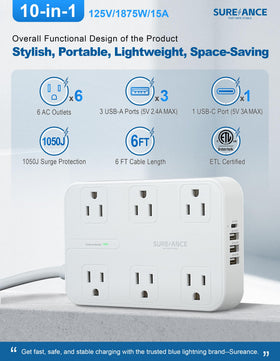 SUREANCE flat plug angled cord for low-profile placement behind furniture