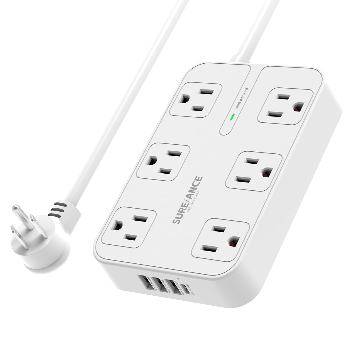 SUREANCE front view showing all six outlets and USB ports for organized charging