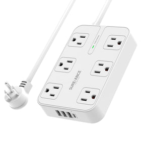 SUREANCE front view showing all six outlets and USB ports for organized charging