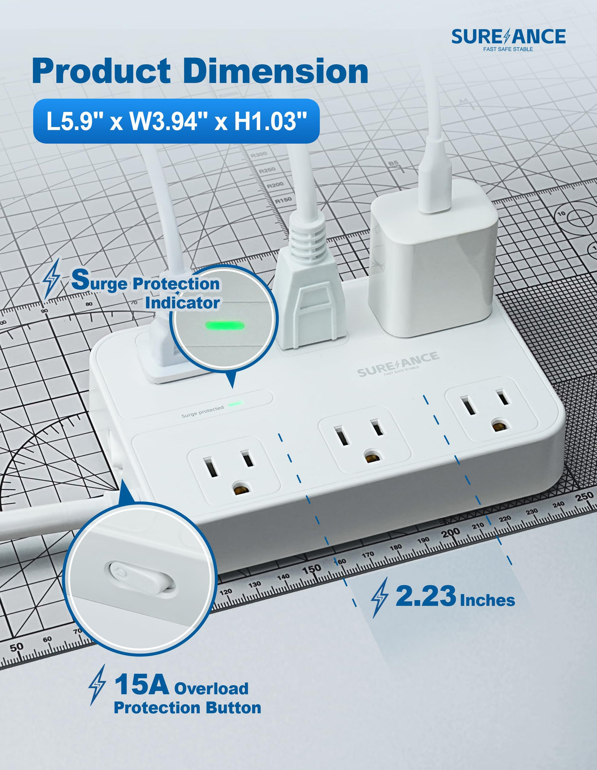 SUREANCE close detail of widely spaced AC outlets to fit bulky adapters