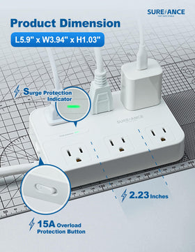SUREANCE close detail of widely spaced AC outlets to fit bulky adapters