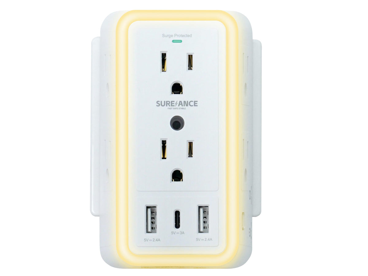 SUREANCE 9-in-1 wall outlet front view with multiple sockets