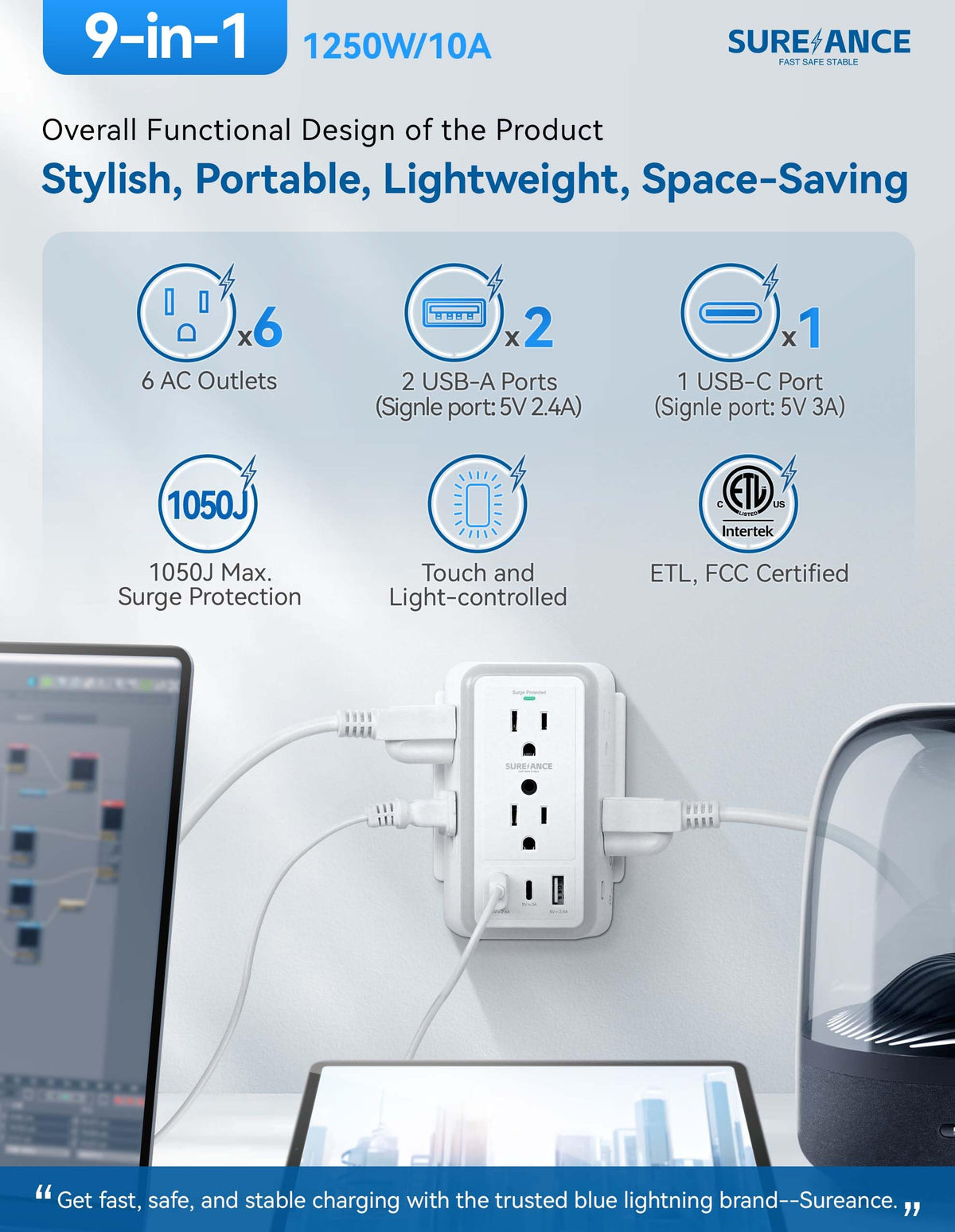 SUREANCE night light on, showing adjustable colors for dim spaces
