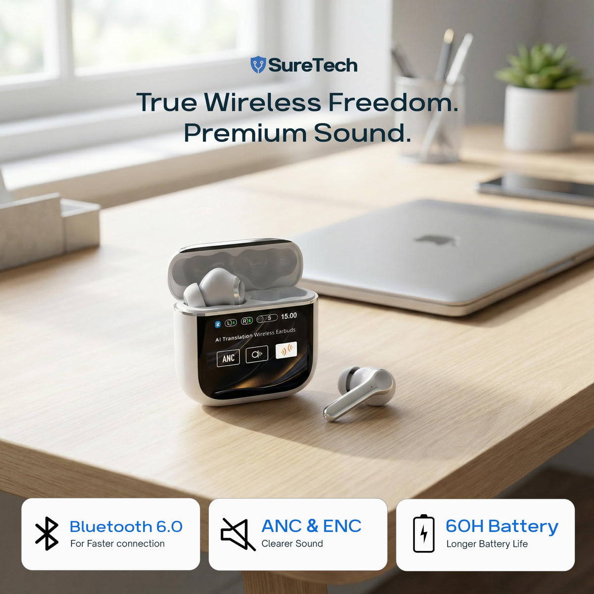SureTech charging case open with earbuds demonstrating portable power
