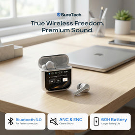 SureTech charging case open with earbuds demonstrating portable power
