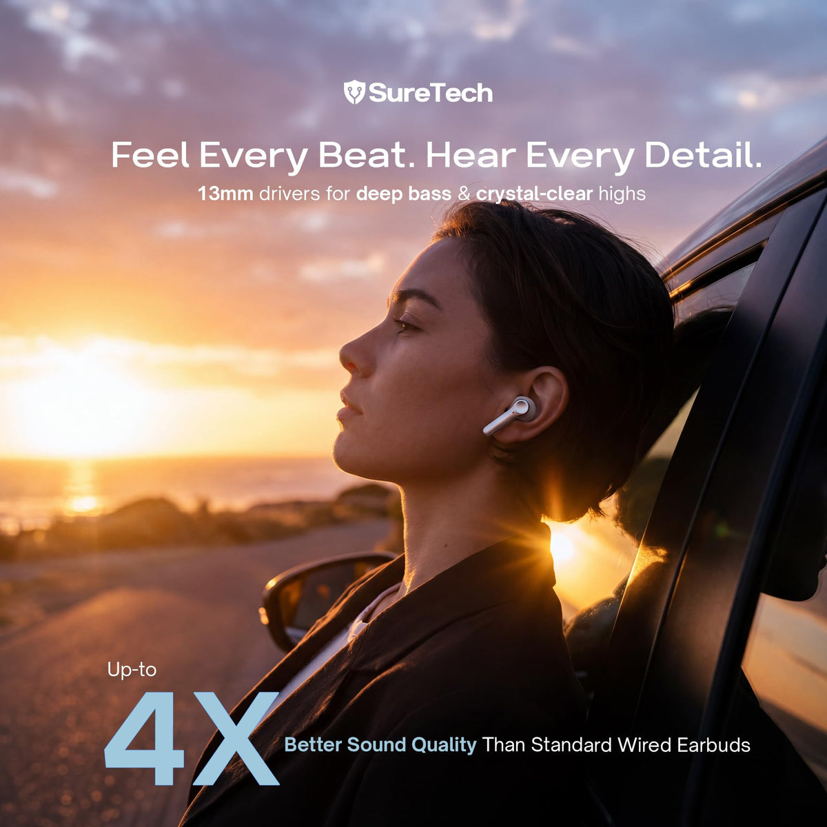 SureTech earbud close-up on 13mm driver delivering rich audio